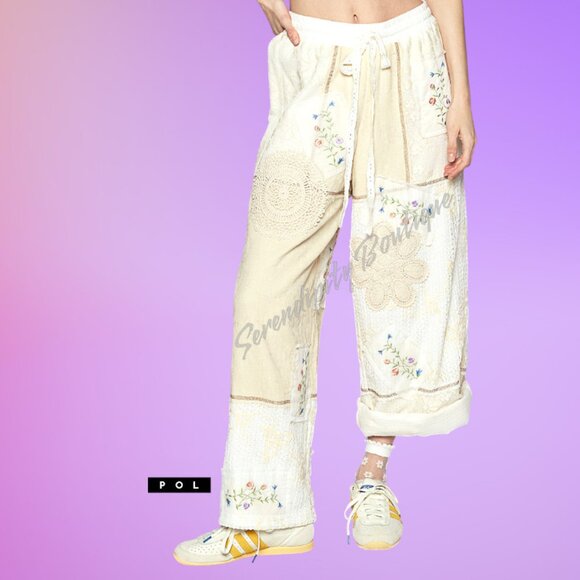 POL Doilies & Daisies Embroidered Soft Quilted Gauze Boho Wide Leg Pants. - Picture 3 of 11